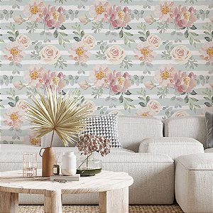 Papel de Parede Adesivo Vinil Listras Azul Flor Rosa Sala Quarto