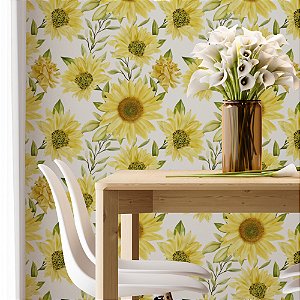 Papel de Parede Adesivo Vinil Girassois Amarelo Aquarela Vintage Cozinha Lavabo