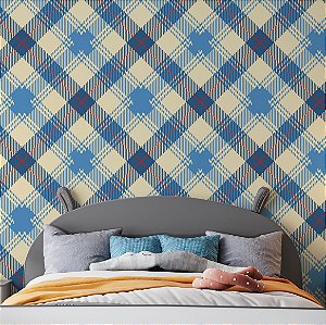 Papel De Parede Adesivo Lavável quarto Xadrez Azul Textura 3m