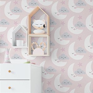 Papel de Parede Adesivo Vinil Lua Nuvem Estrelas Rosa Quarto Menina Infantil