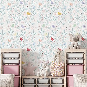 Papel de Parede Adesivo Vinil Passaro Fofo Bebê Azul Quarto Infantil