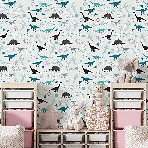 Papel de Parede Adesivo Vinil Dinoussauro Dino Azul Quarto Infantil