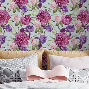 Papel de Parede Adesivo Vinil Flor Floral Roxa Pintura Turquesa Vintage Quarto Menina