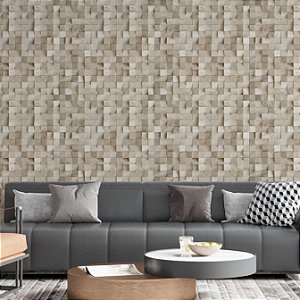 Papel de Parede Adesivo Vinil Quadrado Pastilha Cubo Madeira Clara Efeito 3D Sala Quarto Cozinha