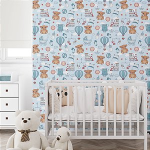 Papel de Parede Adesivo Vinil Balões Bebê Urso Trem Brinquedos Fofo Quarto Infantil