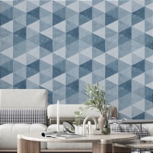 Papel de Parede Adesivo Vinil Triangulos Geométrico Azul Moderno Efeito Cimento Sala Quarto Cozinha