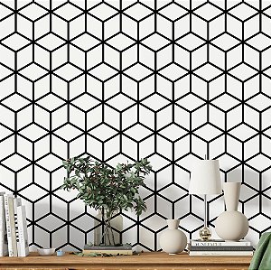 Papel de Parede Adesivo Vinil Quadrado Geométrico 3D Preto e Branco Sala Quarto