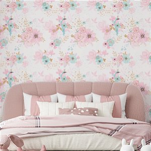 Papel de Parede Adesivo Vinil Passarinhos e Flor Rosa Verde Claro Gold Pintura Quarto Meninas