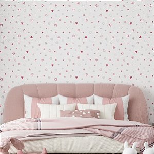 Papel de Parede Adesivo Vinil Corações Rosa Cinza Fofo Pontinhos Quarto Infantil Menina