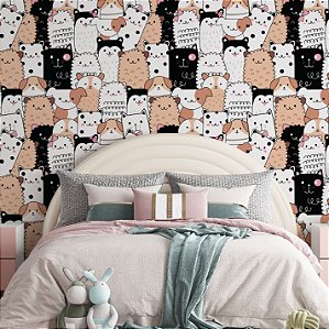Papel de Parede Adesivo Vinil Animais Fofos Doodle Art Bege Marrom Preto Quarto Infantil Meninas