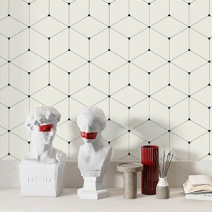 Papel de Parede Adesivo Vinil Cubos Linhas Geométrico Abstrato Off-White Sala Cozinha Quarto