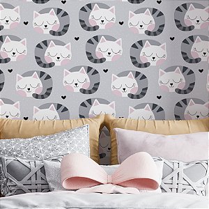Papel de Parede Adesivo Vinil Gatinho Dormindo Cinza e Rosa Fofo Quarto Infantil