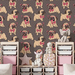 Papel de Parede Adesivo Vinil Cachorros Pug Rosa Fofo Geek Moderno Quarto Infantil
