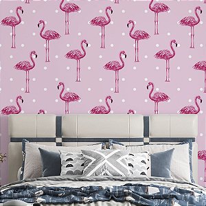 Papel de Parede Adesivo Vinil Abstrato Flamingos Rosa Bolinhas Moderno Quarto Infantil Menina