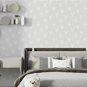 Papel de Parede Adesivo Vinil Coelhinhos Branco Cinza Fofo Moderno Quarto Infantil