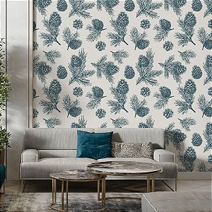 Papel de Parede Adesivo Vinil Pinhas Pinheiros Cinza Verde Escuro Folhas Vintage Sala Quarto