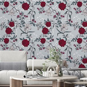 Papel de Parede Adesivo Vinil Rosas Vermelha Flores Vintage Cinza Quarto Sala Cozinha