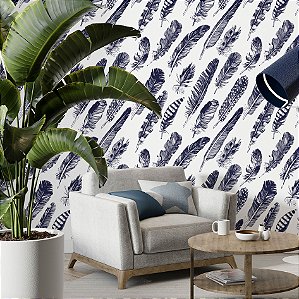 Papel de Parede Adesivo Vinil Abstrato Penas Aves Azul Branco Vintage Sala Quarto