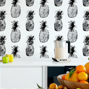 Papel de Parede Adesivo Vinil Desenho Abacaxi Preto Branco Sketch Moderno Cozinha