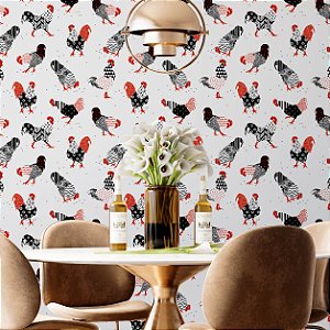 Papel de Parede Adesivo Vinil Lavável Abstrato Galo Preto Branco e Vermelho Cozinha