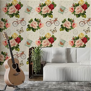 Papel de Parede Adesivo Vinil Selo Flor Rosa Vermelho Vintage Antigo Sala Quarto
