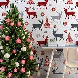 Papel de Parede Adesivo Vinil Natalino Renas Natal Festas Pinheiro Sala