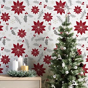 Papel de Parede Adesivo Vinil Natal Natalino Flores Floco de Neve Sazonal Sala