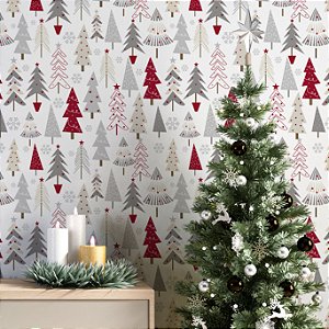 Papel de Parede Adesivo Vinil Árvore Natal Estampa Pinheiros Bege Cinza Vermelho Sala