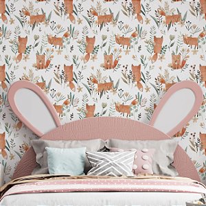 Papel de Parede Adesivo Vinil Raposinha Fofa Fox Raposa Pintura Aquarela Floral Quarto Infantil