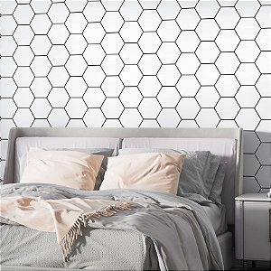 Papel de Parede Adesivo Vinil Hexágono Colmeia Linha Branco e Preto Sala Quarto