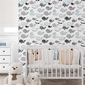 Papel de Parede Adesivo Vinil Menino Baleia Azul Desenho Linhas Quarto Infantil Menino