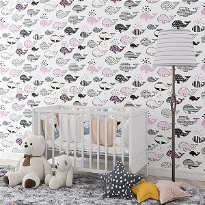 Papel de Parede Adesivo Vinil Infantil Baleia Rosa Desenhos Linhas Moderno Quarto Infantil Menina