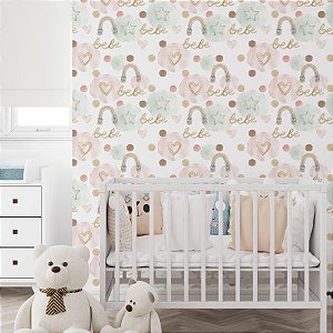 Papel de Parede Adesivo Vinil Arco Iris Aquarela Pintura Bebe Tons Pastel Fofo Quarto Infantil