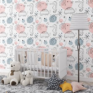 Papel de Parede Adesivo Vinil Fundo Do Mar Fofo Tons Pastel Lula Cavalo Marinho Quarto Infantil Bebe