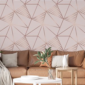 Papel de Parede Adesivo Vinil Zara Rosa Rosê Gold Triangulos Linhas Moderno Elegante Sala Quarto