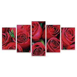 Quadro Mosaico Kit 5 Partes Rosa Vermelha Zoom Flores Elegante Sala Quarto