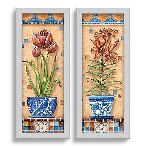 Kit 2 Quadros Decorativos Lavabo Banheiro Sala Cozinha Retro Vaso de Flores Vintage Bege Pintura Premium Elegante