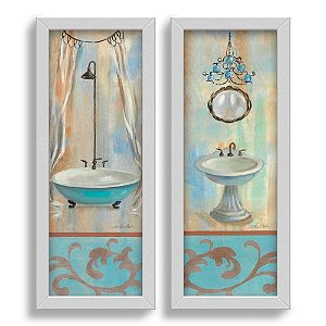Kit 2 Quadros Decorativos Lavabo Banheiro Retro Toalete Frances Turquesa Vintage Pintura Premium Elegante