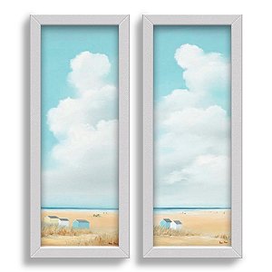 Kit 2 Quadros Lavabo Nuvens Praia Azul Casas Minimalista