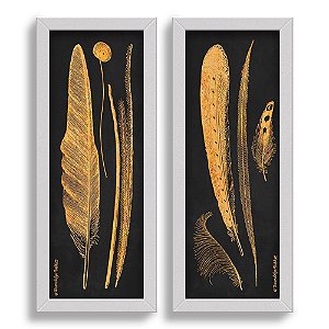 Kit 2 Quadros Lavabo Aves Dourado Pintura Preto Penas Efeito