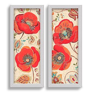 Kit 2 Quadros Lavabo Papoula Desenho Vermelha Flor