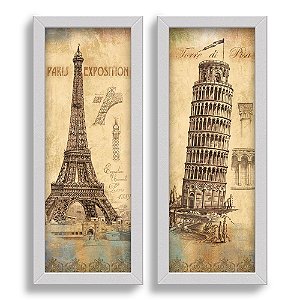 Kit 2 Quadros Lavabo Paris Roma Piza Vintage Torre Eiffel