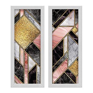 Kit 2 Quadros Lavabo Formas Geométrico Rosa Preto Dourado