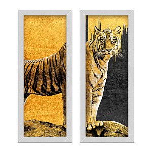 Kit 2 Quadros Lavabo Preto Textura Dourado Tigre Efeito Sala