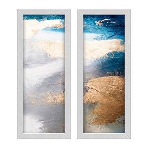 Kit 2 Quadros Lavabo Tinta Cinza Sala Dourado Manchas Azul
