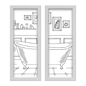Kit 2 Quadros Lavabo Banheira Linhas Sketch Desenho Banheiro