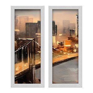 Kit 2 Quadros Lavabo Cidade Pintura Ponte Efeito Aquarela