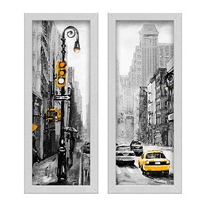 Kit 2 Quadros Lavabo Preto Táxi Amarelo Branco Urbano Cidade