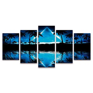 Kit Quadros Mosaico Lagoa Noturna Sala Quarto Paisagem
