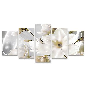 Kit Quadros Mosaico Dourado Lírio Flor Elegante Branco